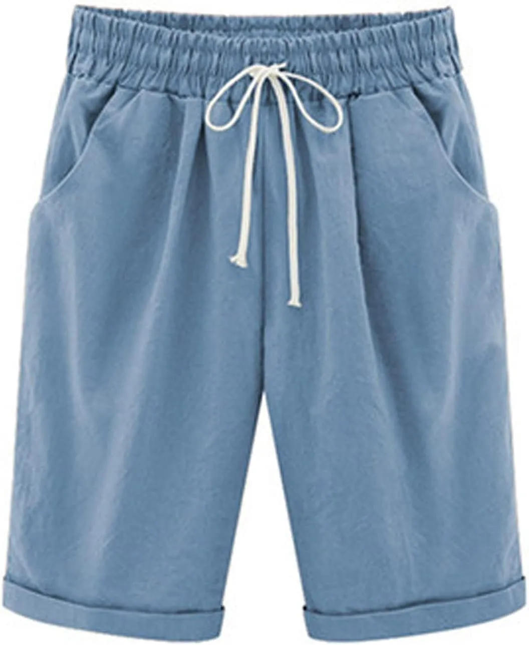 aihihe Womens Summer Linen Shorts Loose Fit Elastic Waist Bermuda Shorts Plus Size Knee Length Casual Beach Shorts