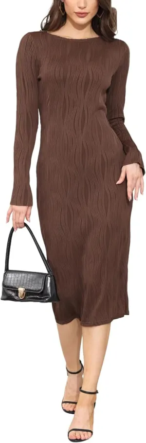 Annystore Women Elegant Long Sleeve Textured Formal Bodycon Midi Dress Club Party Wedding Guest Holiday Dress