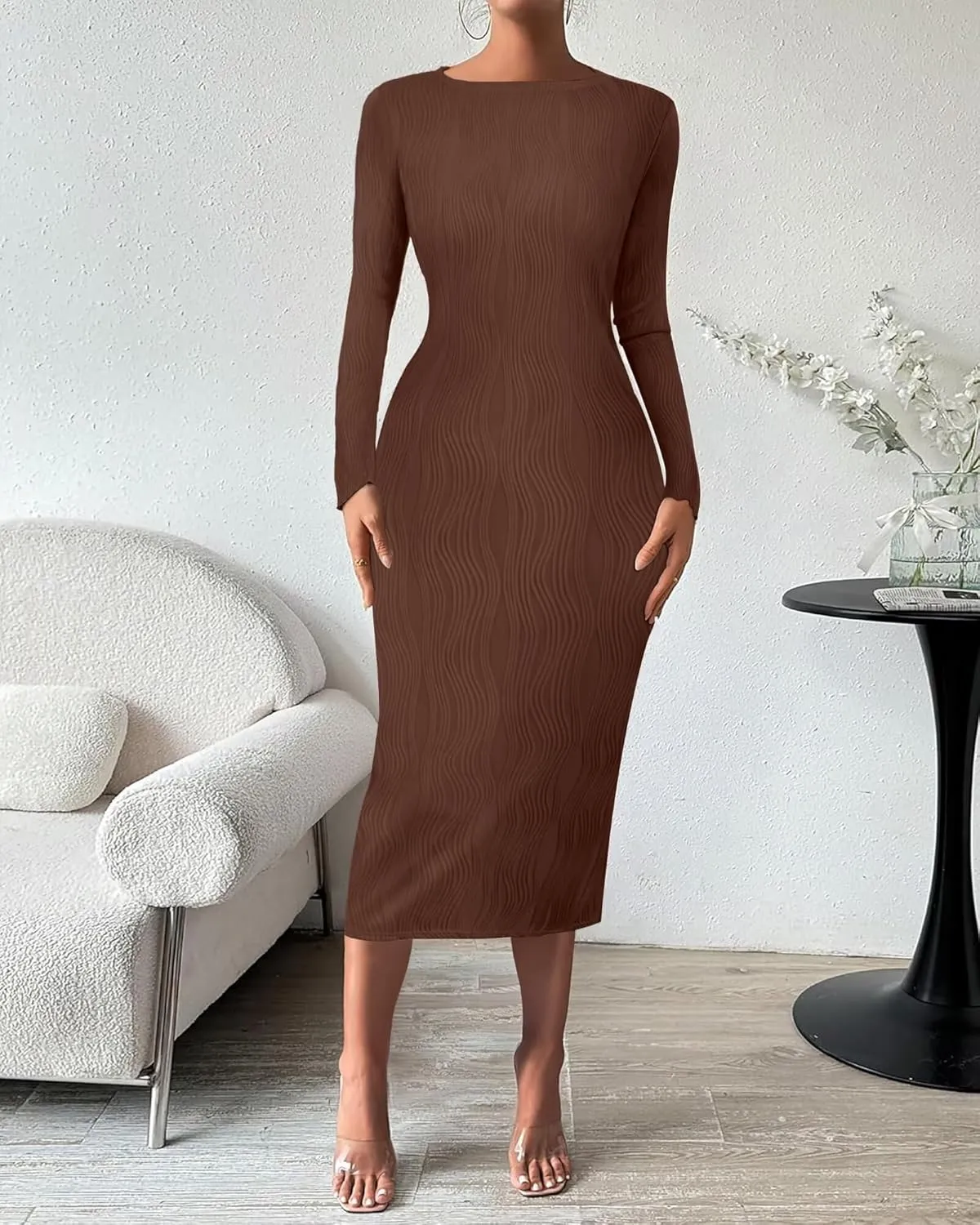 Annystore Women Elegant Long Sleeve Textured Formal Bodycon Midi Dress Club Party Wedding Guest Holiday Dress
