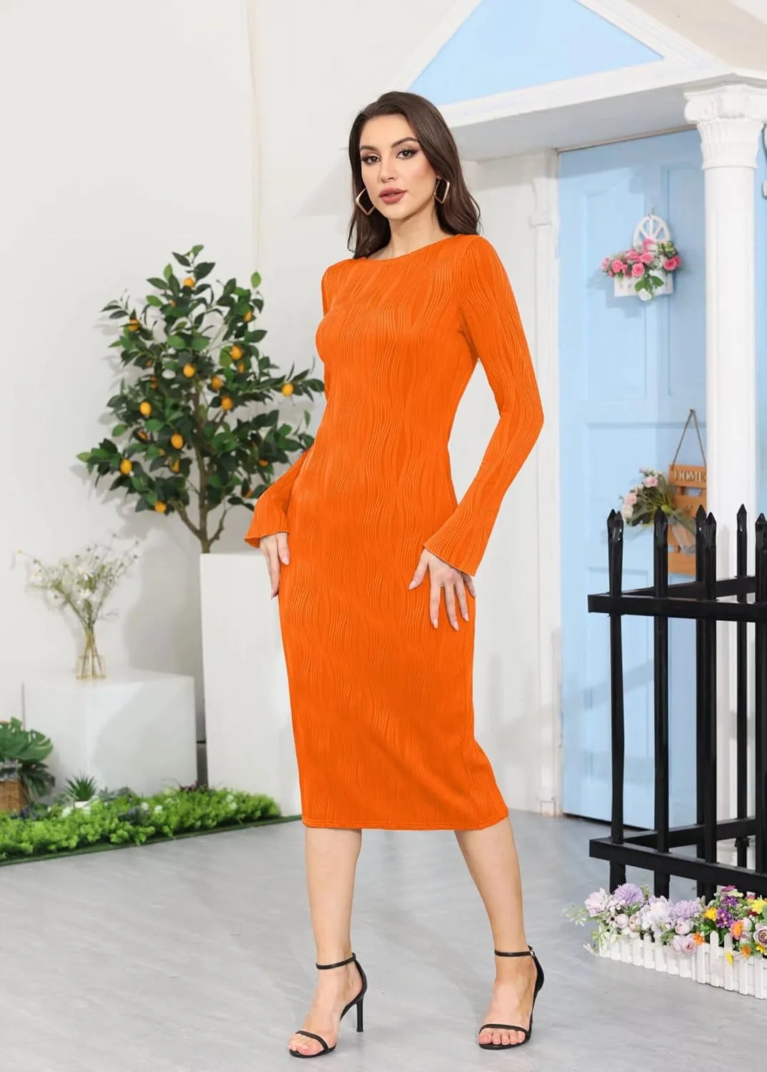 Annystore Women Elegant Long Sleeve Textured Formal Bodycon Midi Dress Club Party Wedding Guest Holiday Dress