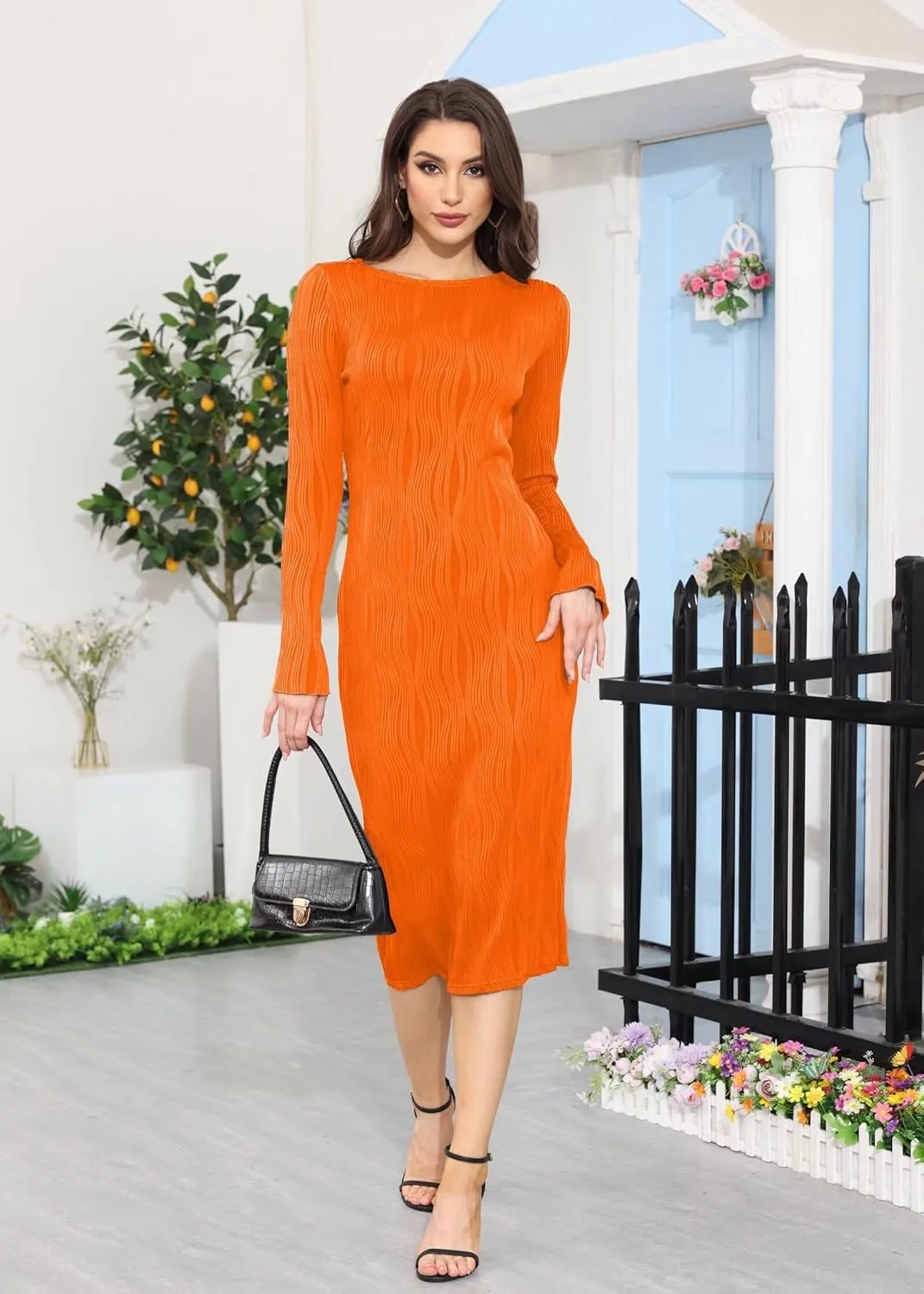 Annystore Women Elegant Long Sleeve Textured Formal Bodycon Midi Dress Club Party Wedding Guest Holiday Dress