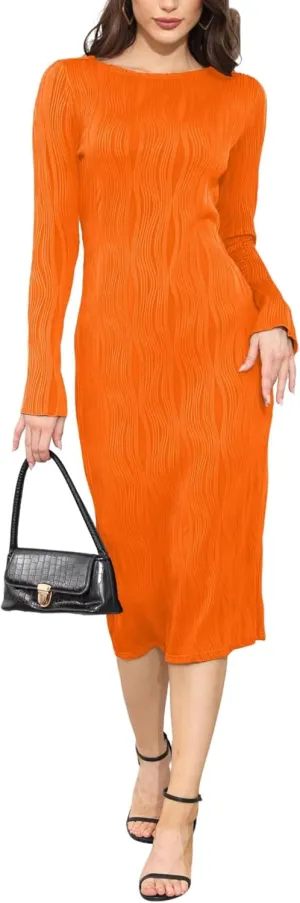 Annystore Women Elegant Long Sleeve Textured Formal Bodycon Midi Dress Club Party Wedding Guest Holiday Dress