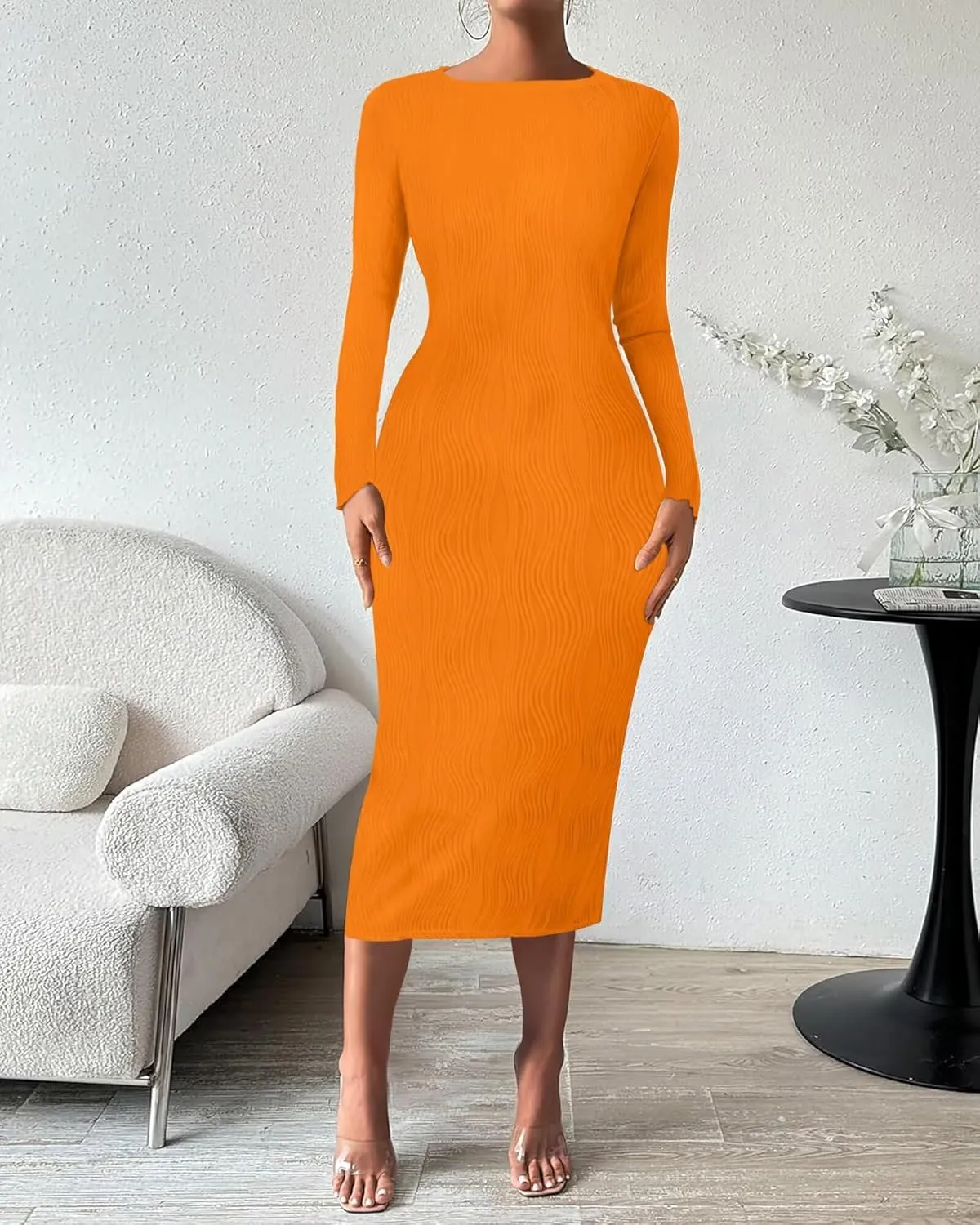 Annystore Women Elegant Long Sleeve Textured Formal Bodycon Midi Dress Club Party Wedding Guest Holiday Dress