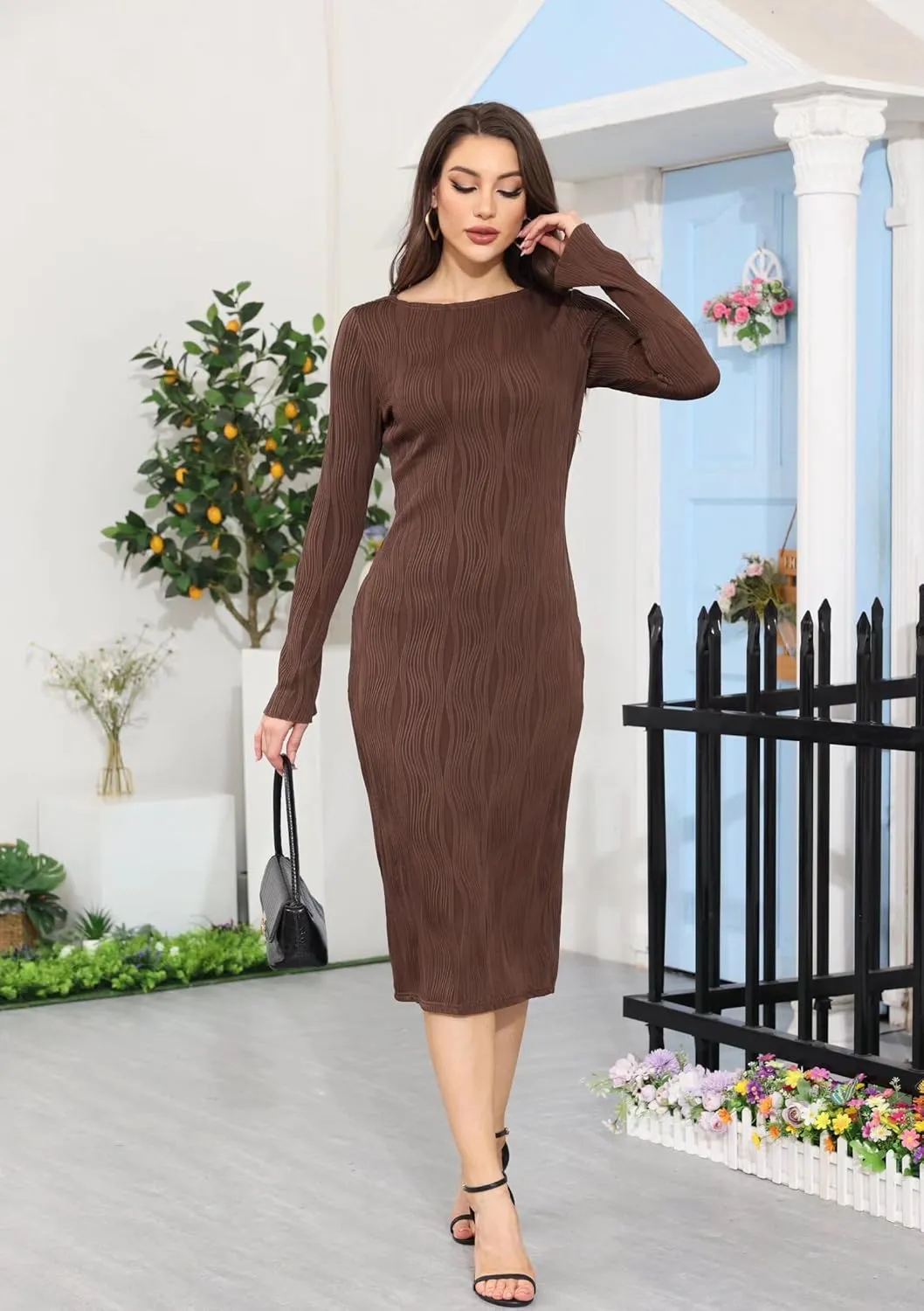 Annystore Women Elegant Long Sleeve Textured Formal Bodycon Midi Dress Club Party Wedding Guest Holiday Dress