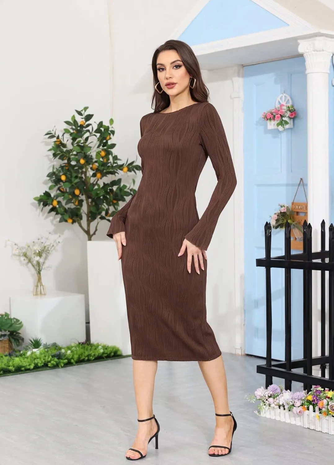 Annystore Women Elegant Long Sleeve Textured Formal Bodycon Midi Dress Club Party Wedding Guest Holiday Dress