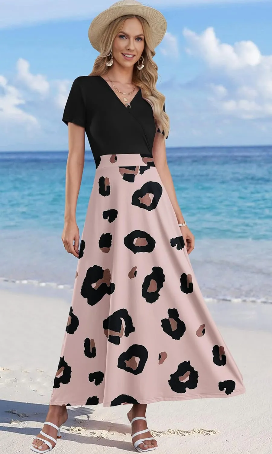 AUSELILY Maxi Dresses for Women Ankle Length Floral Print Beach Long Flowy Dress with Pockets