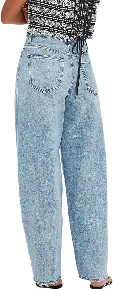 Baggy Jeans for Woman High Waisted Distressed Stretchy Fit Splicing ​​Wide Leg Denim Pants