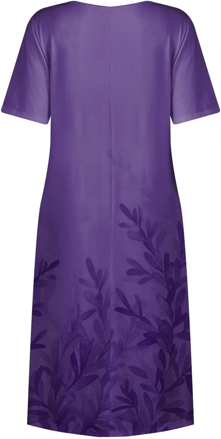 Below The Knee Short Sleeve Cover Up Ladies Dressy Classic Summer Super Soft Graphic Cotton Dress for Women.