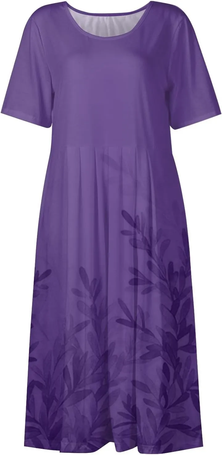 Below The Knee Short Sleeve Cover Up Ladies Dressy Classic Summer Super Soft Graphic Cotton Dress for Women.