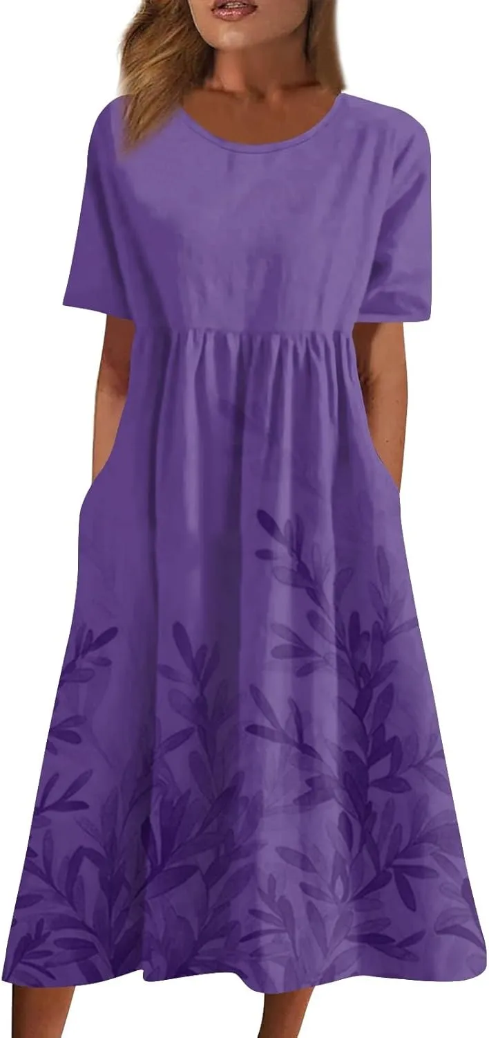 Below The Knee Short Sleeve Cover Up Ladies Dressy Classic Summer Super Soft Graphic Cotton Dress for Women.