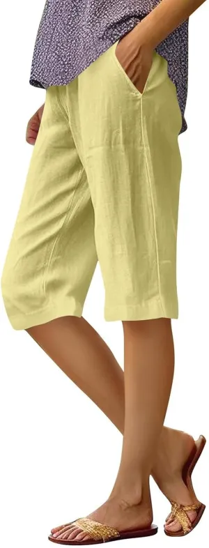 Bermuda Drawstring Beach Shorts Wide Leg Linen Shorts Elastic High Waisted Pleated Casual Loose Bermuda Shorts, Large