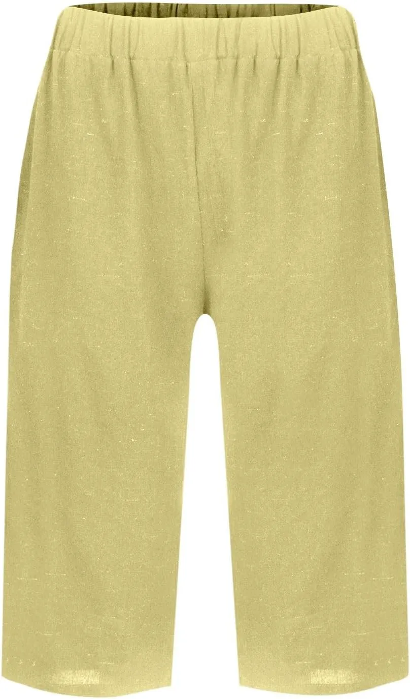 Bermuda Drawstring Beach Shorts Wide Leg Linen Shorts Elastic High Waisted Pleated Casual Loose Bermuda Shorts, Large