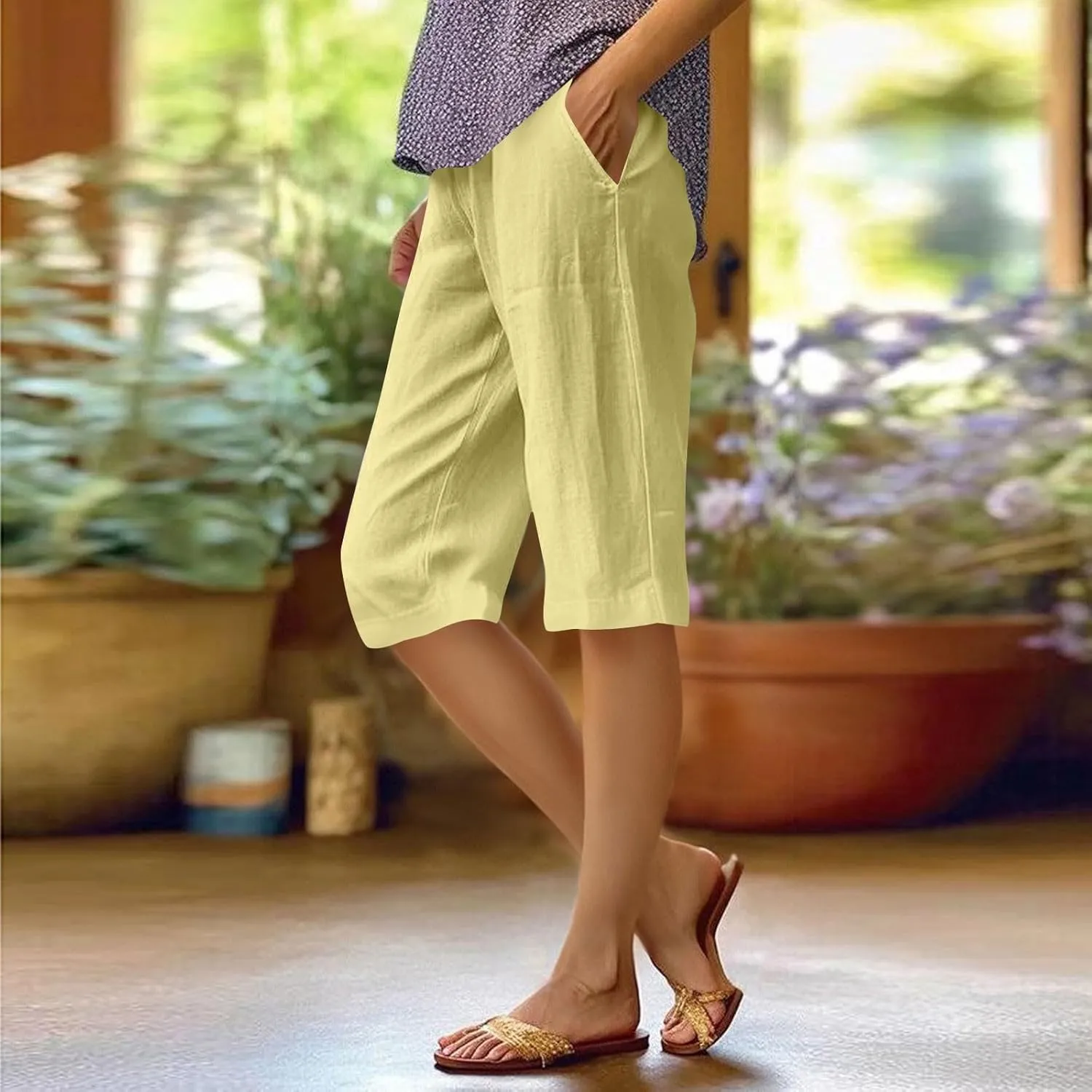 Bermuda Drawstring Beach Shorts Wide Leg Linen Shorts Elastic High Waisted Pleated Casual Loose Bermuda Shorts, Large
