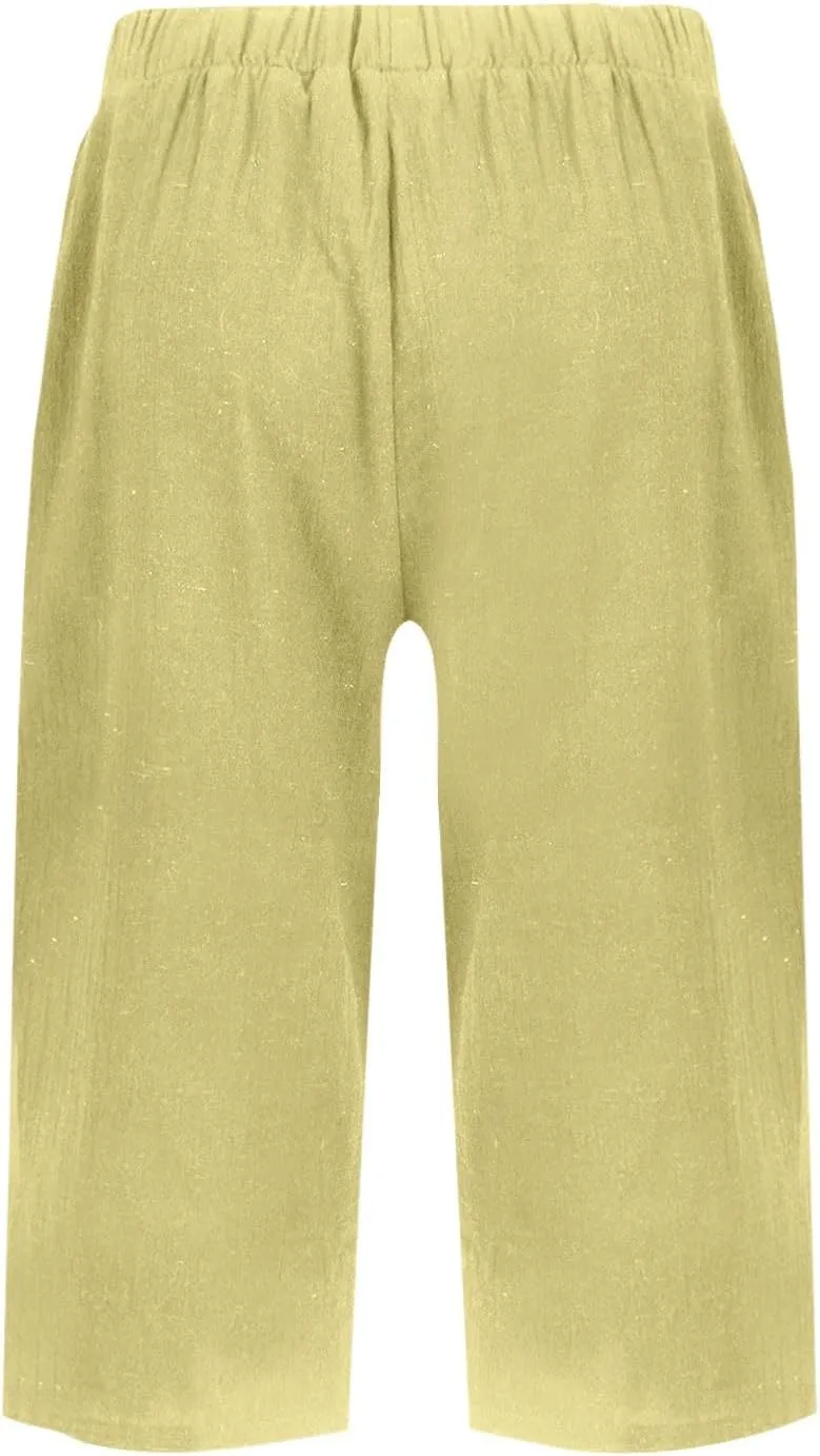 Bermuda Drawstring Beach Shorts Wide Leg Linen Shorts Elastic High Waisted Pleated Casual Loose Bermuda Shorts, Large