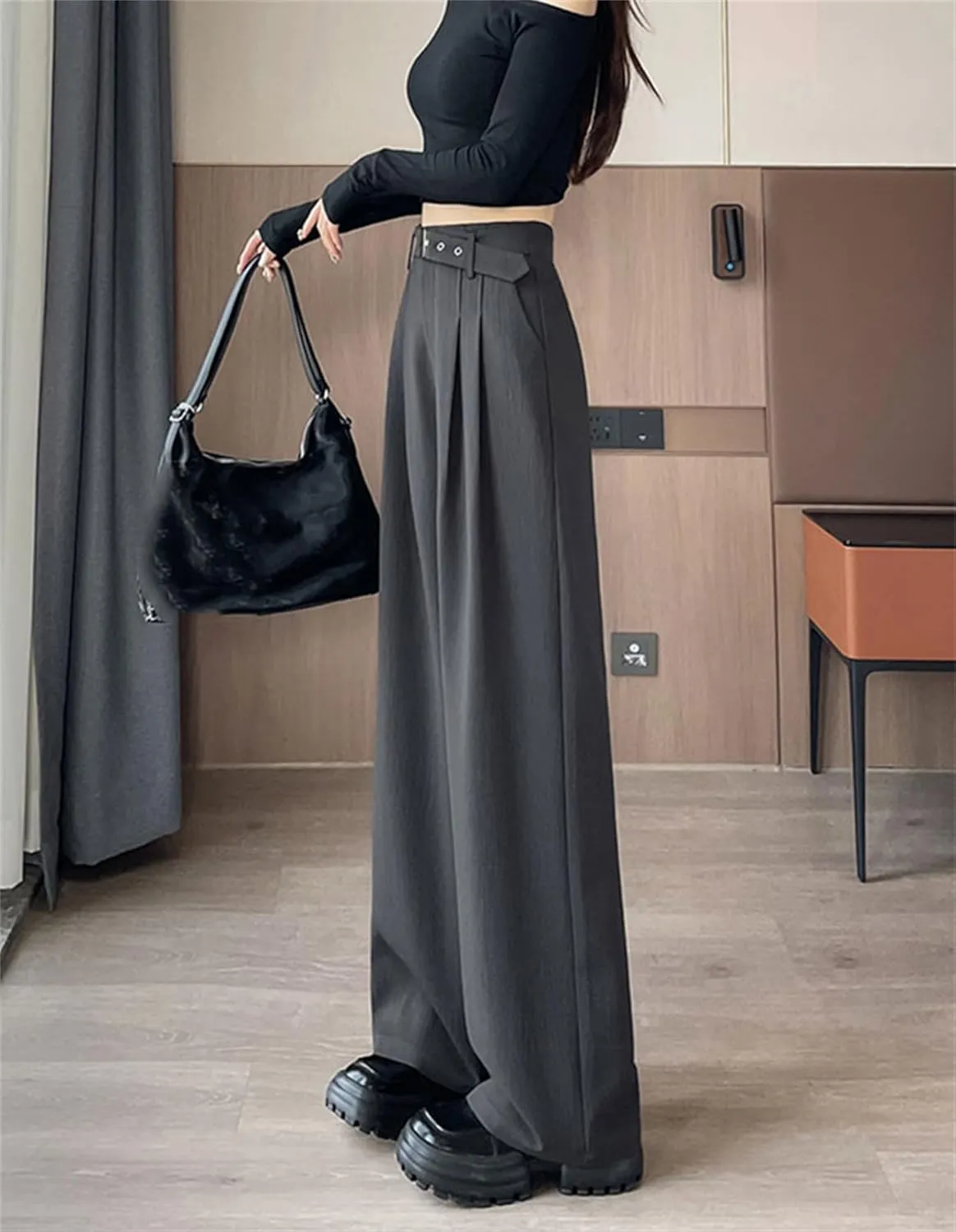 Betusline Women's Textured Dress Pants with Belt