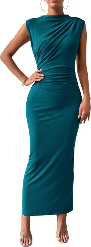 BTFBM Women's Ruched Bodycon Dress Summer Casual Sleeveless Back Slit Elegant Club Evening Party Cocktail Maxi Dresses