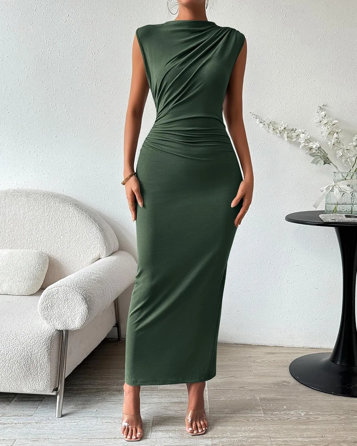 BTFBM Women's Ruched Bodycon Dress Summer Casual Sleeveless Back Slit Elegant Club Evening Party Cocktail Maxi Dresses
