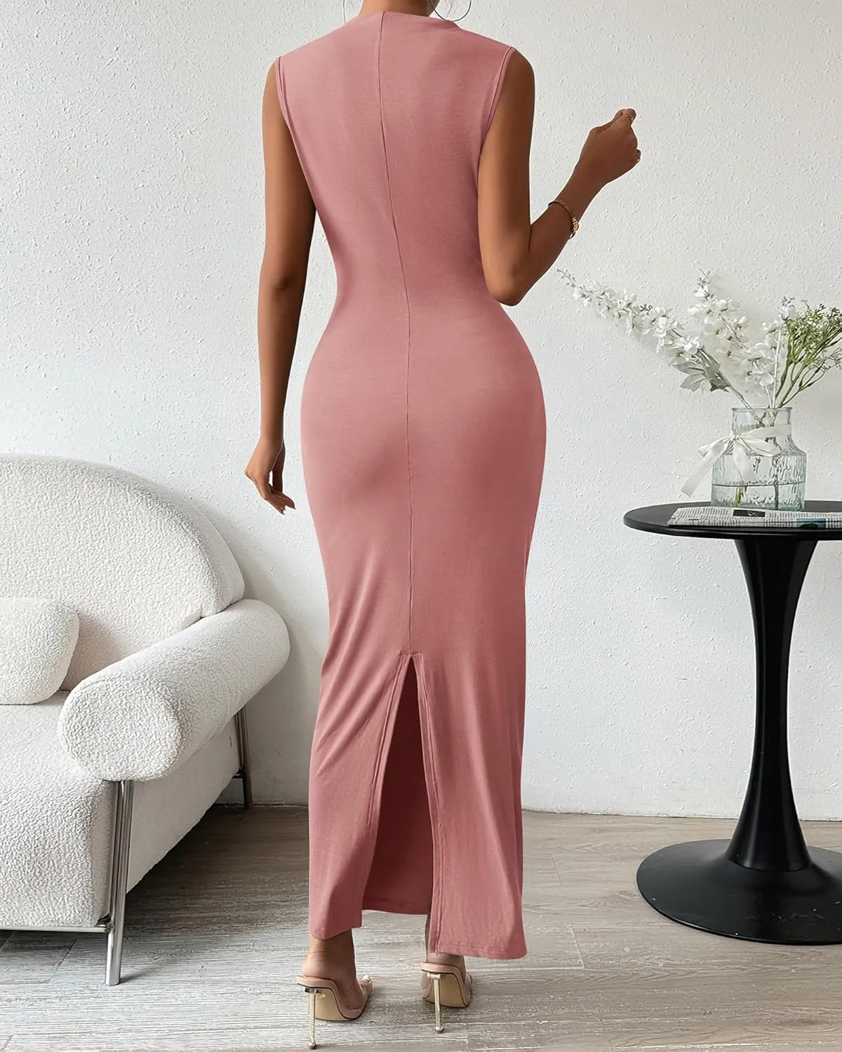 BTFBM Women's Ruched Bodycon Dress Summer Casual Sleeveless Back Slit Elegant Club Evening Party Cocktail Maxi Dresses