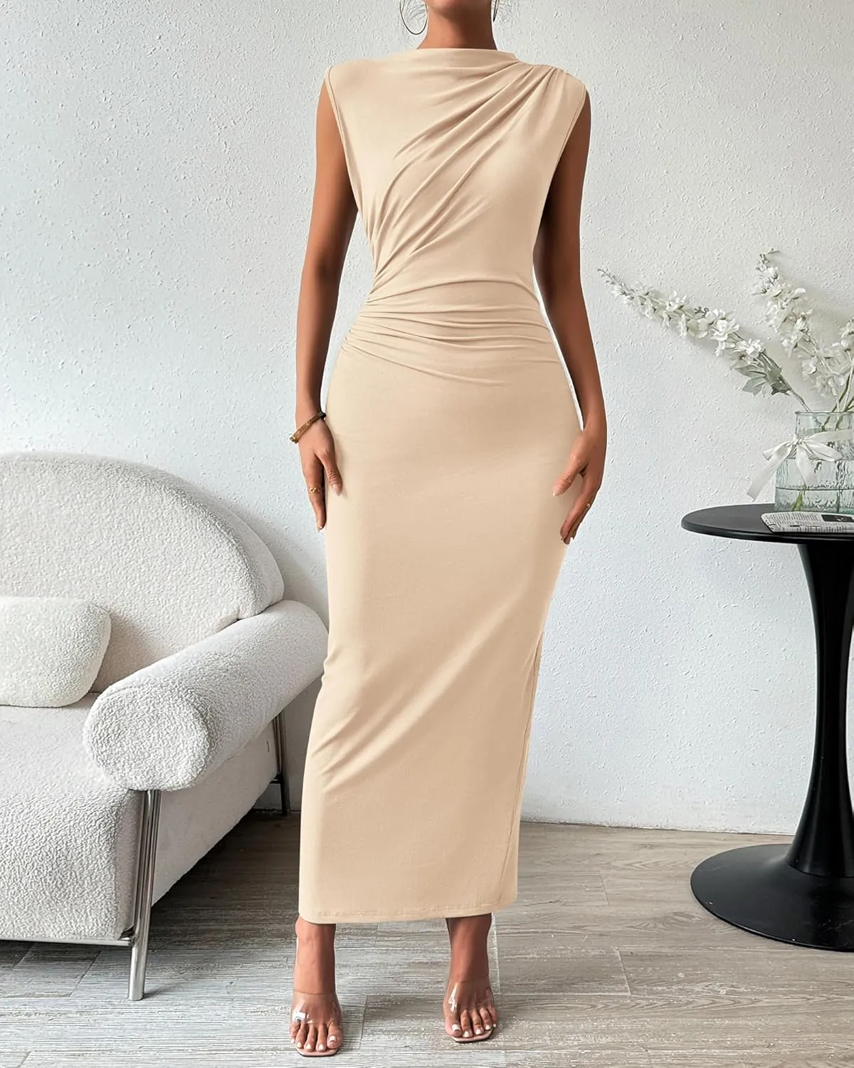 BTFBM Women's Ruched Bodycon Dress Summer Casual Sleeveless Back Slit Elegant Club Evening Party Cocktail Maxi Dresses