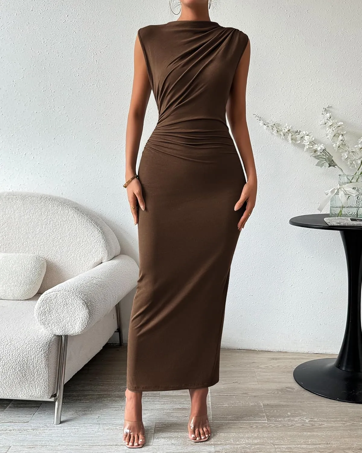 BTFBM Women's Ruched Bodycon Dress Summer Casual Sleeveless Back Slit Elegant Club Evening Party Cocktail Maxi Dresses