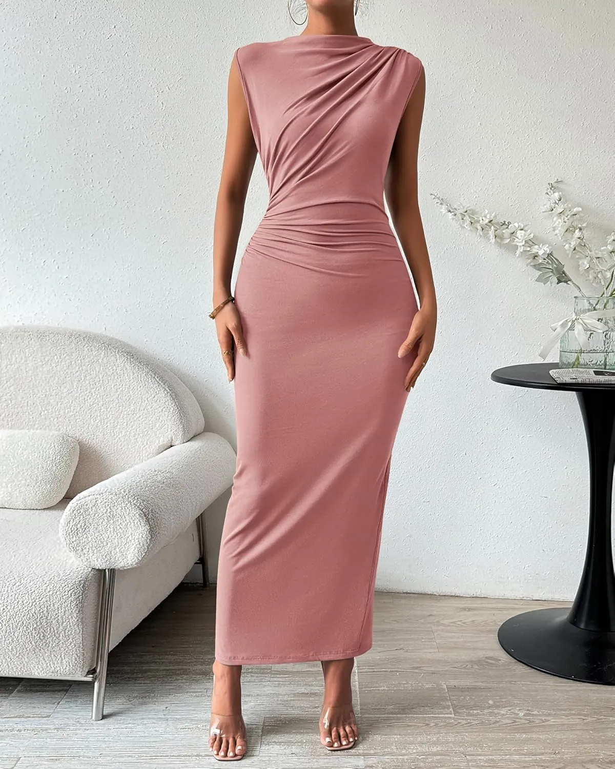 BTFBM Women's Ruched Bodycon Dress Summer Casual Sleeveless Back Slit Elegant Club Evening Party Cocktail Maxi Dresses