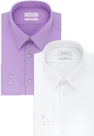 Calvin Klein Men's Dress Shirts Slim Fit Non Iron Solid, White/Iris, 16" Neck 34"-35" Sleeve