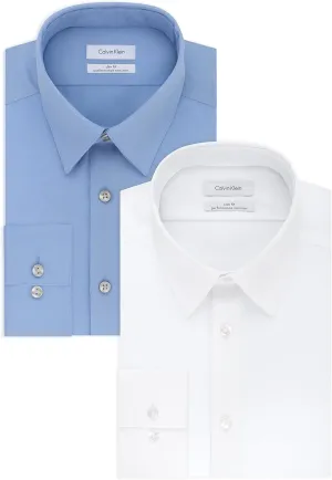 Calvin Klein Men's Dress Shirts Slim Fit Non Iron Solid, White/Mist, 17" Neck 36"-37" Sleeve