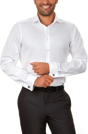 Calvin Klein Men's Non Iron Slim Fit Herringbone French Cuff Dress Shirt, White, 17.5" Neck 32"-33" Sleeve