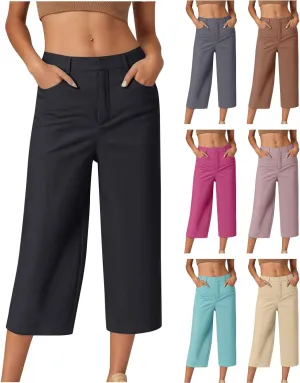 Capri Pants for Women Wide Leg Loose Capris Dressy Summer Dress Cropped Pants Business Casual Work Capris with Pockets