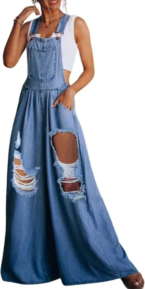 chouyatou Women's Loose Adjustable Strap Wide Leg Denim Bib Overall Jeans Pants