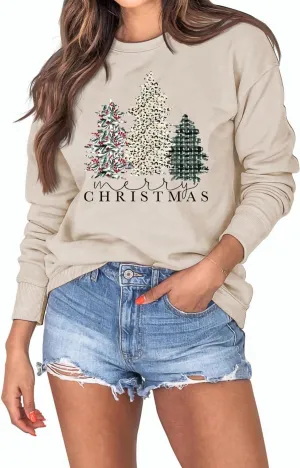 Christmas Sweatshirts for Women Merry Christmas Tree Santa Claus Letter Printed Shirts Xmas Pullover Tops