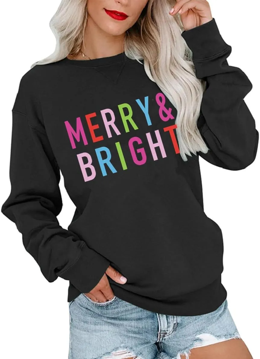 Christmas Sweatshirts for Women Merry Christmas Tree Santa Claus Letter Printed Shirts Xmas Pullover Tops