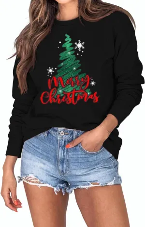 Christmas Sweatshirts for Women Merry Christmas Tree Santa Claus Letter Printed Shirts Xmas Pullover Tops