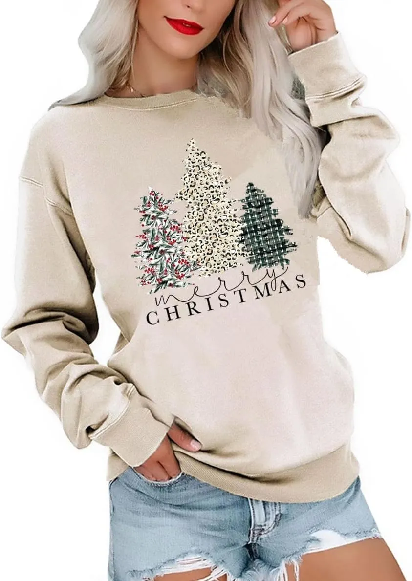 Christmas Sweatshirts for Women Merry Christmas Tree Santa Claus Letter Printed Shirts Xmas Pullover Tops
