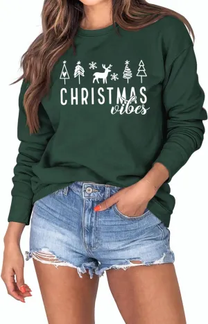 Christmas Sweatshirts for Women Merry Christmas Tree Santa Claus Letter Printed Shirts Xmas Pullover Tops