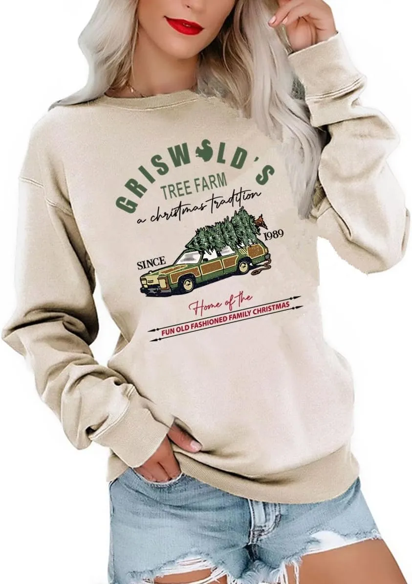 Christmas Sweatshirts for Women Merry Christmas Tree Santa Claus Letter Printed Shirts Xmas Pullover Tops