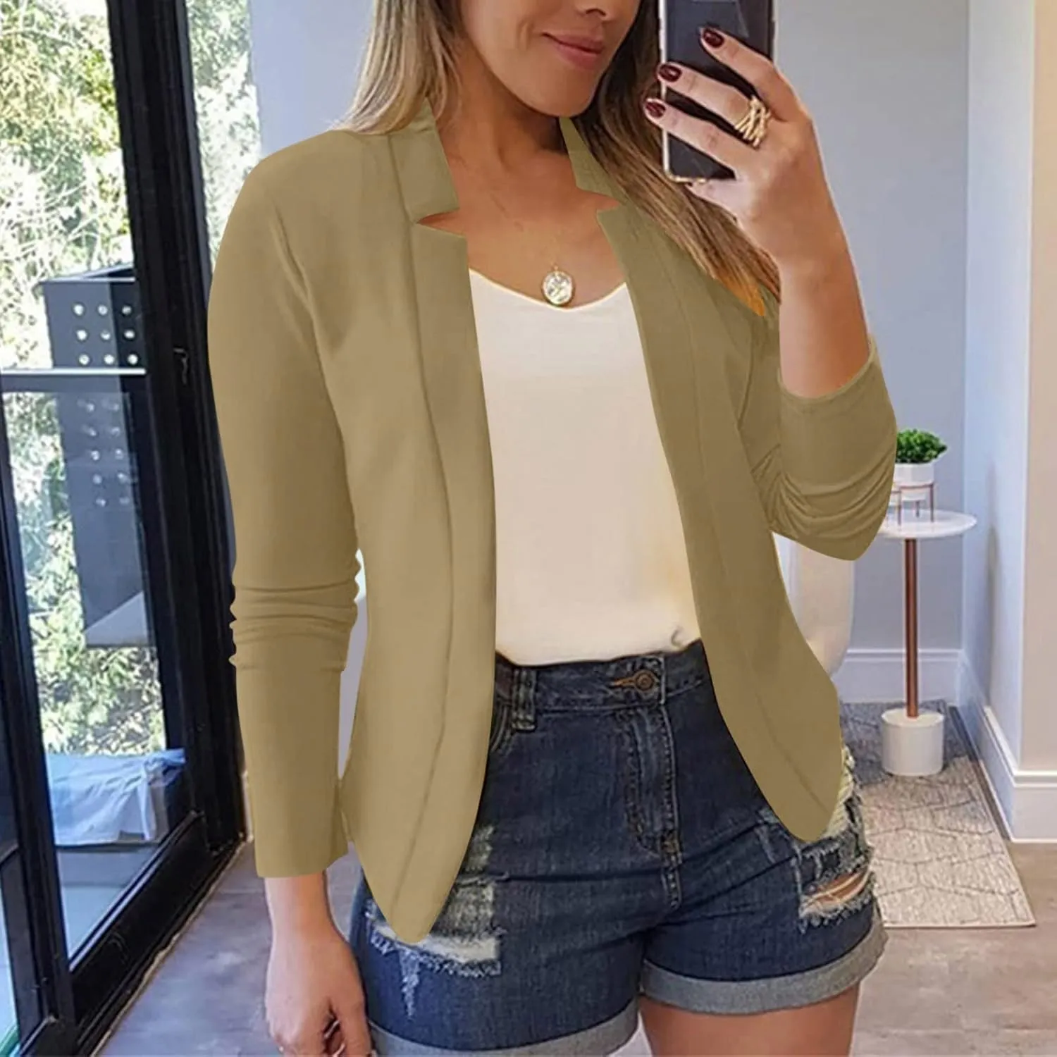 Collarless Blazer Jackets for Women Tweed for Women Cardigan Long Sleeve Prtite Plaid Top Baggy With Pockets Tops