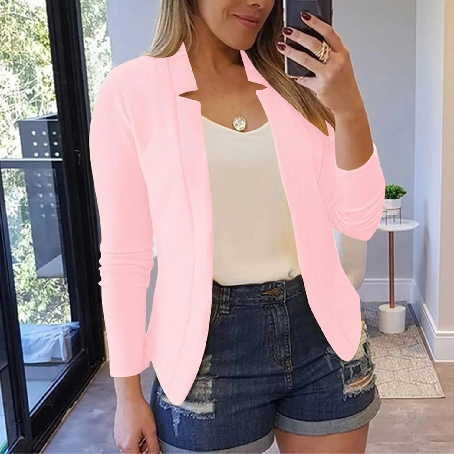 Collarless Blazer Jackets for Women Tweed for Women Cardigan Long Sleeve Prtite Plaid Top Baggy With Pockets Tops