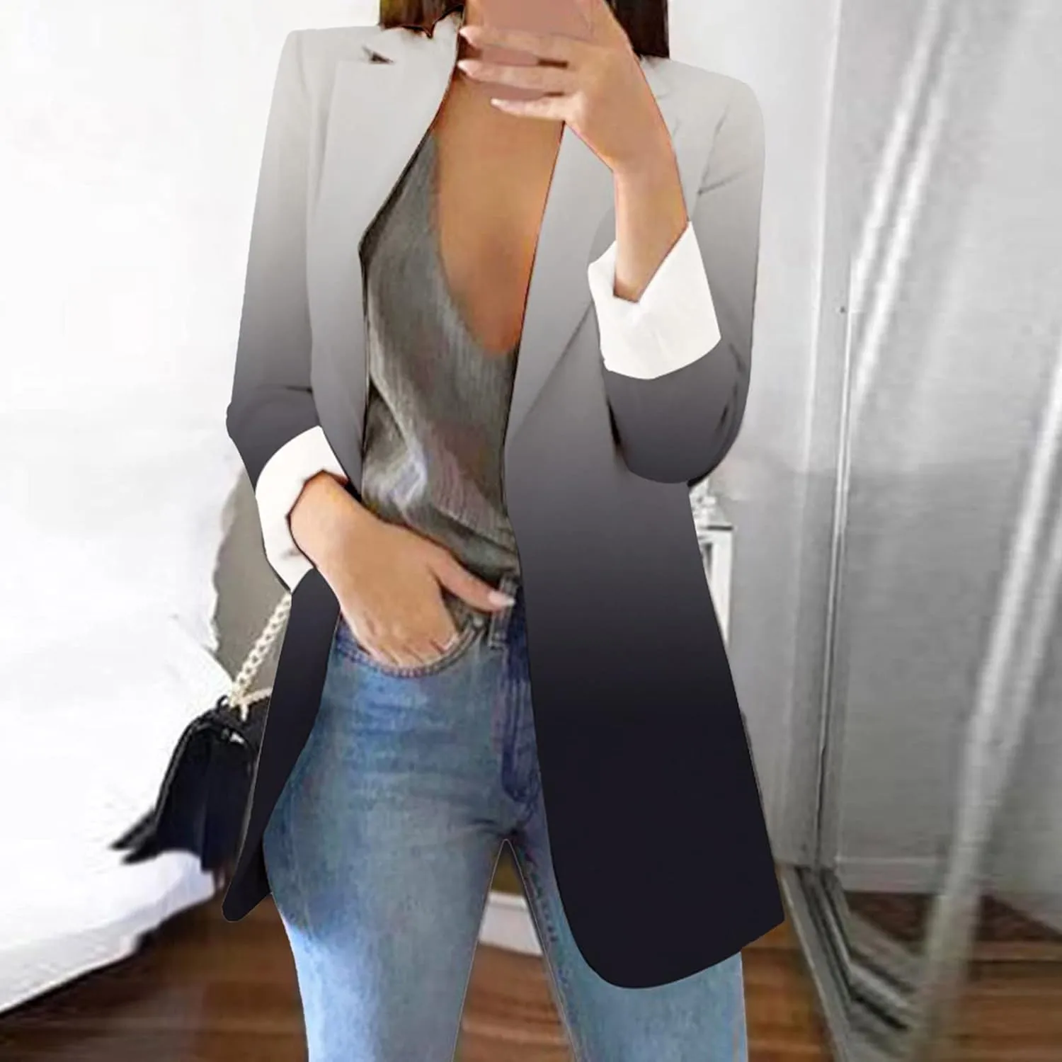 Collarless Blazer Jackets for Women Tweed Ladies Jacket Cropped Prtite Fancy Tops Fitted With Pockets Jackets