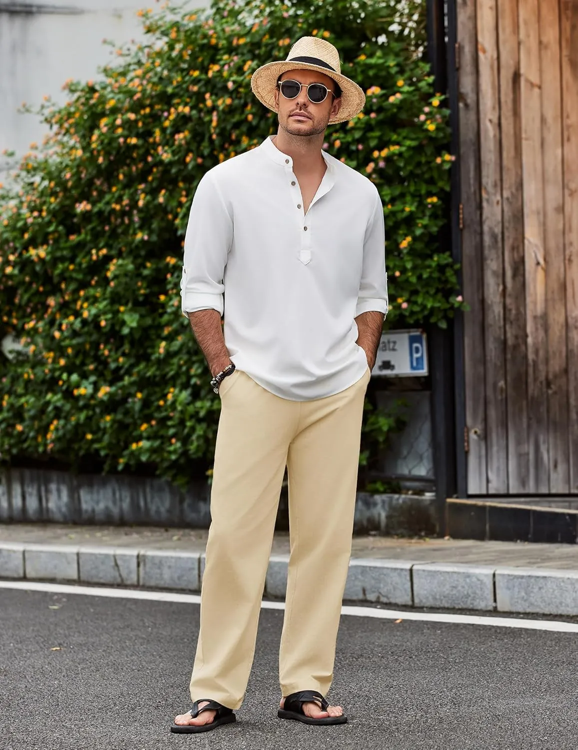 COOFANDY Men's Casual Cotton Pants Elastic Waist Drawstring Linen Beach Summer Pants Lightweight Yoga Trousers
