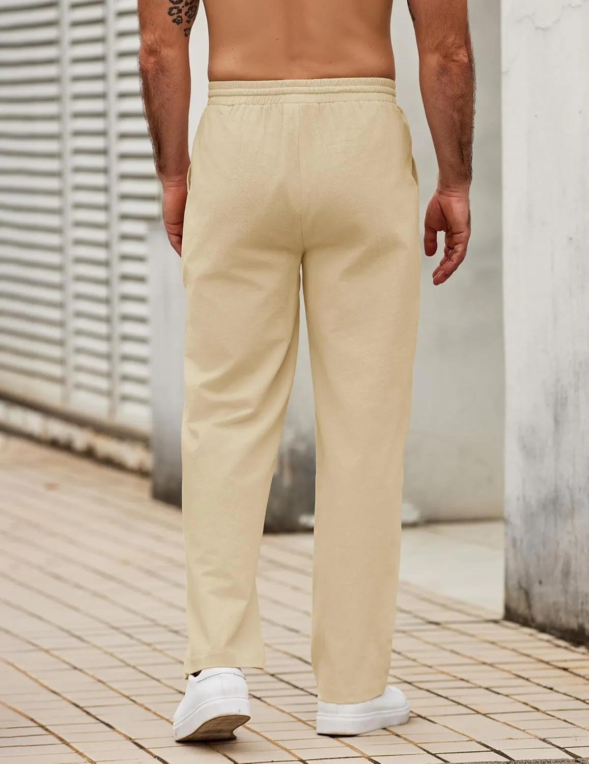 COOFANDY Men's Casual Cotton Pants Elastic Waist Drawstring Linen Beach Summer Pants Lightweight Yoga Trousers