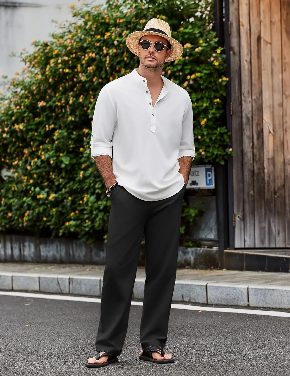 COOFANDY Men's Casual Cotton Pants Elastic Waist Drawstring Linen Beach Summer Pants Lightweight Yoga Trousers