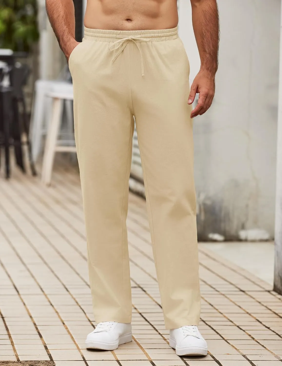 COOFANDY Men's Casual Cotton Pants Elastic Waist Drawstring Linen Beach Summer Pants Lightweight Yoga Trousers