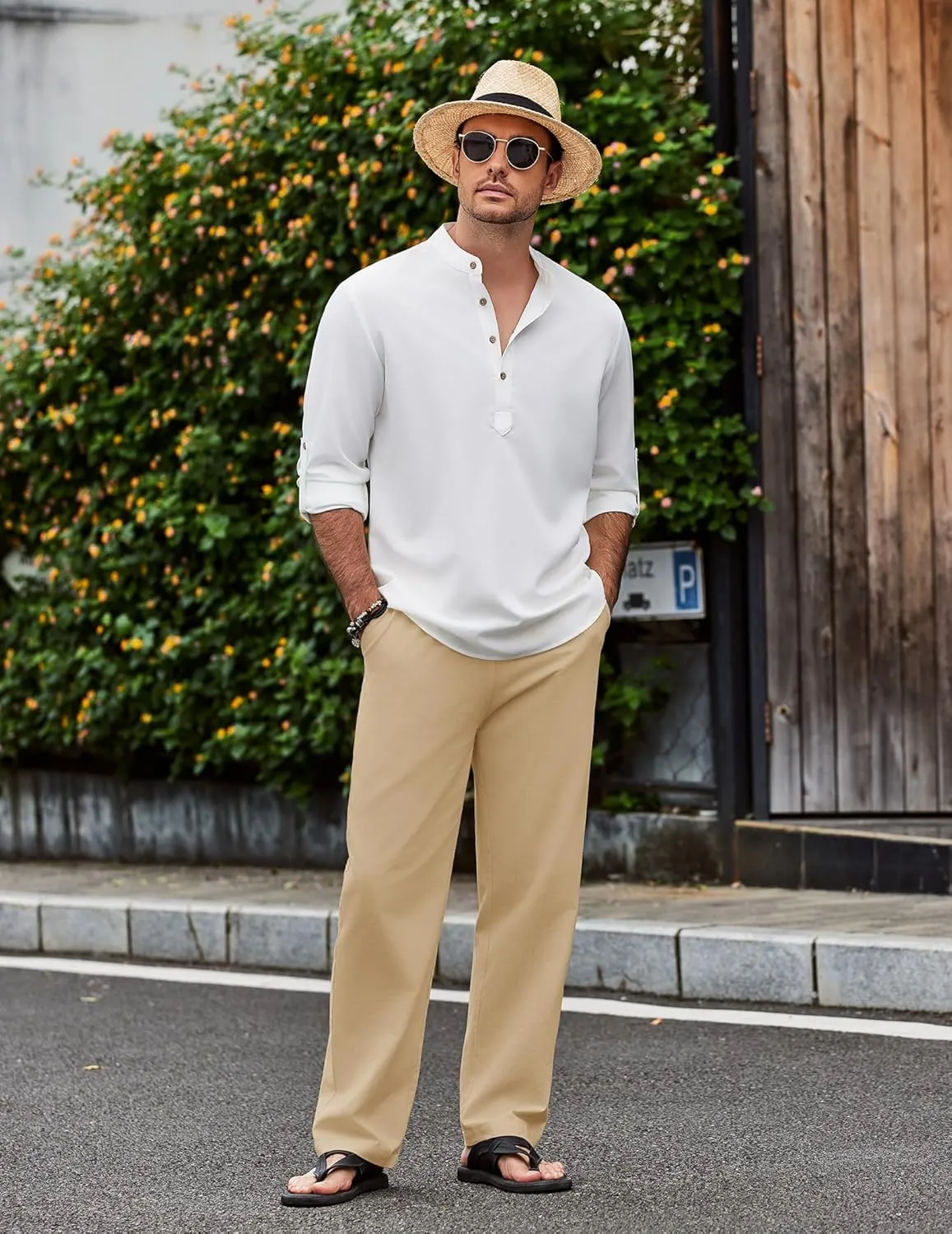 COOFANDY Men's Casual Cotton Pants Elastic Waist Drawstring Linen Beach Summer Pants Lightweight Yoga Trousers