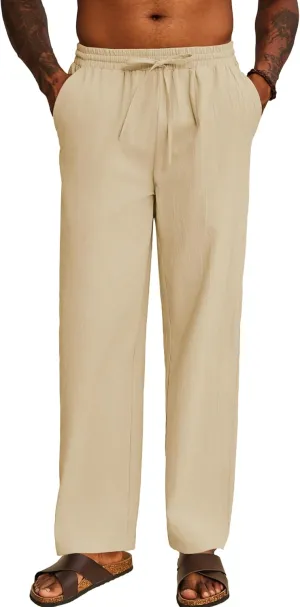 COOFANDY Men's Casual Cotton Pants Elastic Waist Drawstring Linen Beach Summer Pants Lightweight Yoga Trousers
