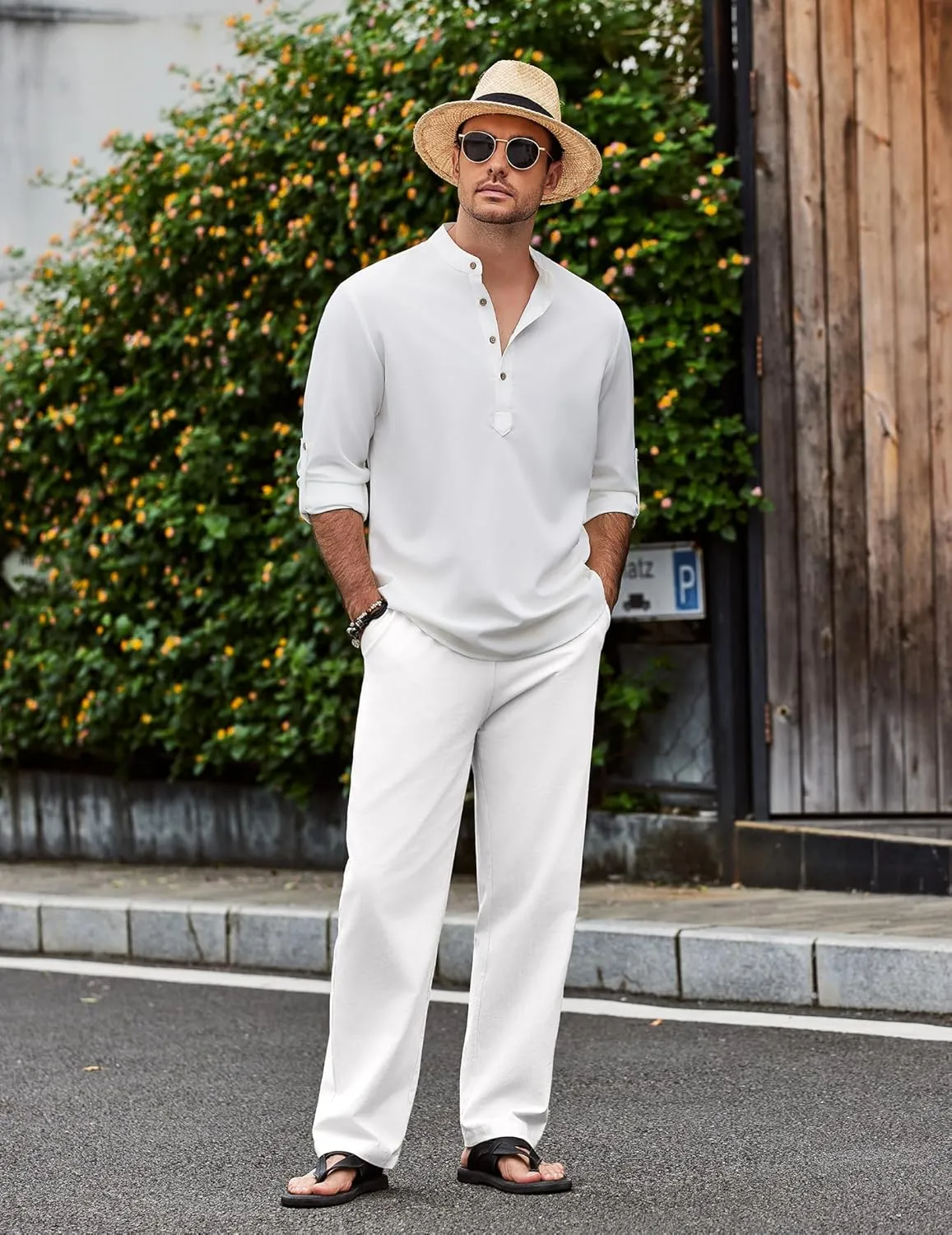 COOFANDY Men's Casual Cotton Pants Elastic Waist Drawstring Linen Beach Summer Pants Lightweight Yoga Trousers