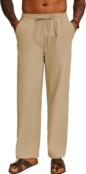 COOFANDY Men's Casual Cotton Pants Elastic Waist Drawstring Linen Beach Summer Pants Lightweight Yoga Trousers