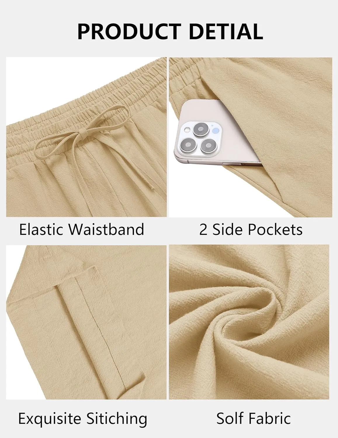 COOFANDY Men's Casual Cotton Pants Elastic Waist Drawstring Linen Beach Summer Pants Lightweight Yoga Trousers