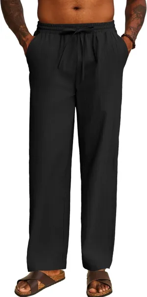COOFANDY Men's Casual Cotton Pants Elastic Waist Drawstring Linen Beach Summer Pants Lightweight Yoga Trousers