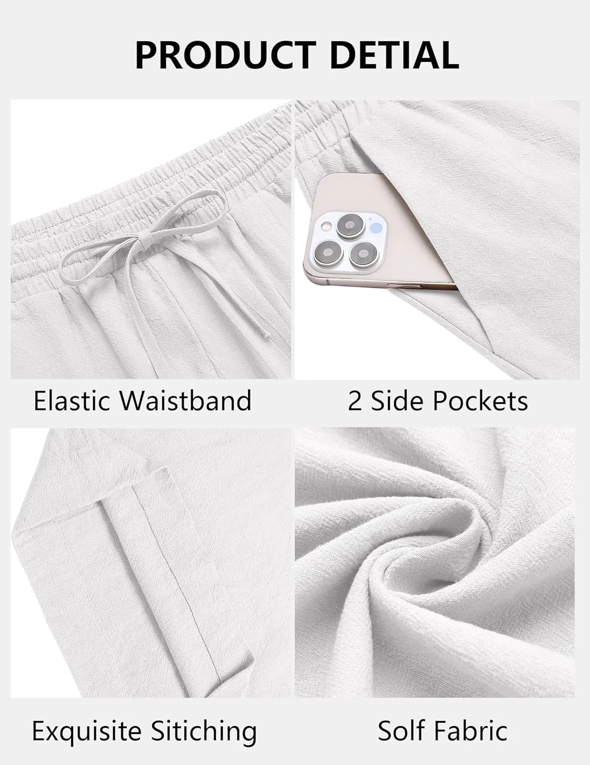 COOFANDY Men's Casual Cotton Pants Elastic Waist Drawstring Linen Beach Summer Pants Lightweight Yoga Trousers